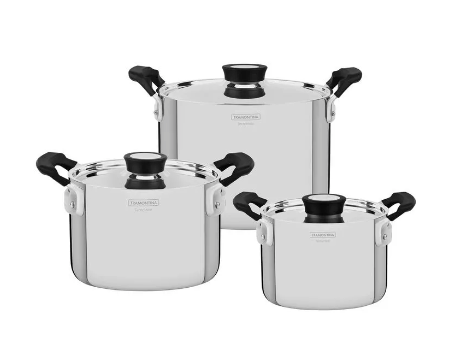 Batería de Cocina Tramontina Grano Compact en Acero Inoxidable con Cuerpo Triple y Asas en Baquelita Negro 3 piezas