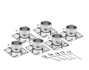 Juego para café Tramontina de acero inoxidable terminación brillante con tazas y platos cuadrados y cucharas 18 piezas