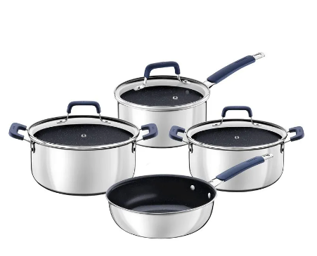 Batería de Cocina Tramontina Romagna en Acero Inoxidable y Aluminio con Revestimiento Interno Cerámico Black Stone 4 Piezas