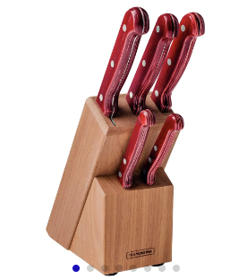 Juego de Cuchillos Tramontina Polywood con Láminas de Acero Inoxidable y Mangos de Madera Tratada Rojo con Soporte de Madera 6 Piezas