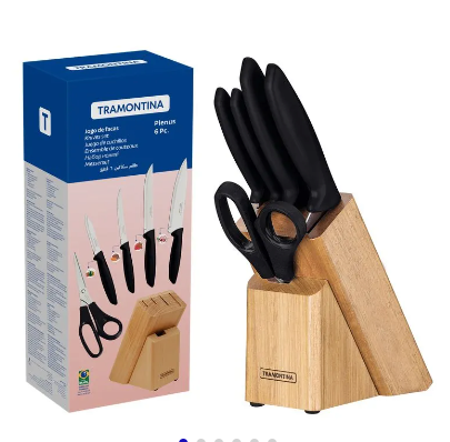 Juego de Cuchillos Tramontina Plenus con Láminas en Acero Inoxidable Mangos de Polipropileno Negro y Soporte de Madera 6 Piezas