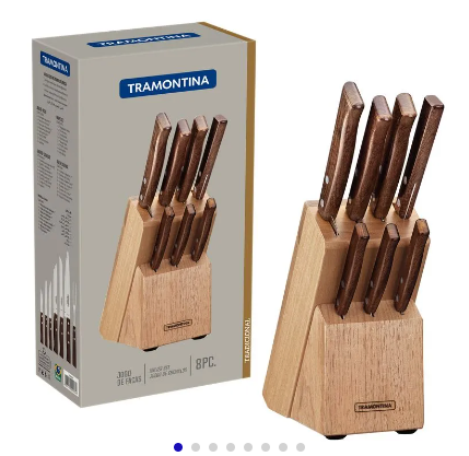 Juego de Cuchillos Tramontina Tradicional con Láminas en Acero Inoxidable y Mangos en Madera Natural con Soporte 08 Piezas