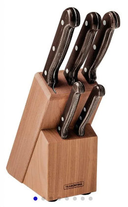 Juego de Cuchillos Tramontina Polywood con Láminas de Acero Inoxidable y Mangos de Madera Tratada Castaño con Soporte de Madera 6 Piezas