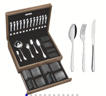 Juego de cubiertos de 101 piezas Tramontina Cannes de acero inoxidable con cuchillos de mesa forjados y estuche de madera