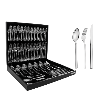Juego de cubiertos Oslo de acero inoxidable con cuchillos de mesa y estuche de madera de 76 piezas Tramontina