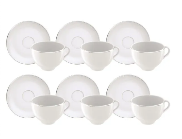 Juego 6 Tazas y 6 Platillos Té Tramontina Línea Atena Porcelana 250 ml