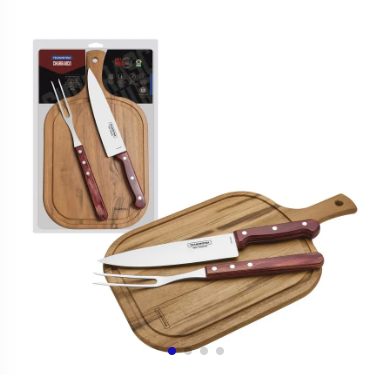 Kit para Asado Tramontina con Láminas de Acero Inoxidable y Mango Polywood Rojo con Tabla de Madera 3 piezas