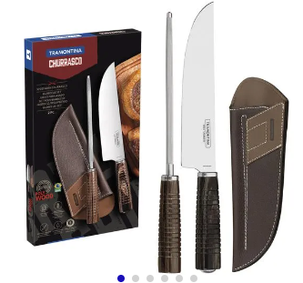 Juego de Cuchillos Tramontina con Láminas de Acero Inoxidable y Mangos de Madera Tratada Polywood Castaño con Afilador 02 Piezas