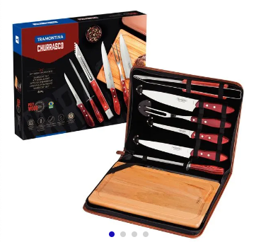 Kit para Asado Tramontina con Láminas de Acero Inoxidable y Mangos de Madera Polywood Rojo, con Tabla de Corte y Estuche 8 Piezas