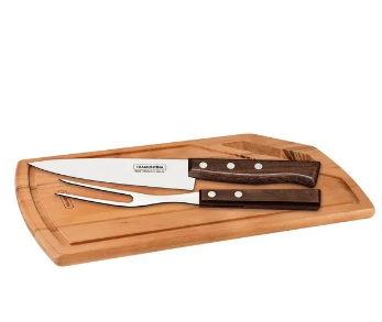 Kit para Asado Tramontina con Láminas de Acero Inoxidable y Mangos de Madera Natural, con Tabla de Madera, 3 piezas.
