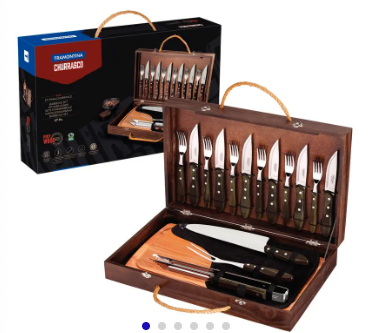 Kit para asado Tramontina con Cubiertos Jumbo de Acero Inoxidable, Mango Castaño Polywood con Tabla y Estuche de Madera, 17 piezas.