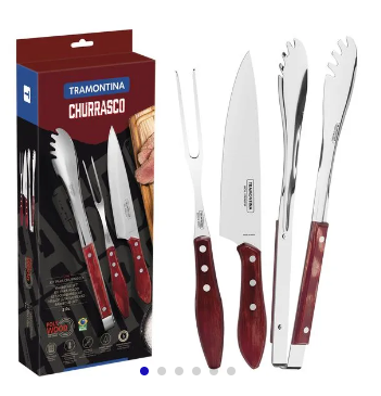 Juego para Asado Tramontina con Láminas de Acero Inoxidable y Mangos de Madera Tratada Polywood Vermelha, 3 piezas