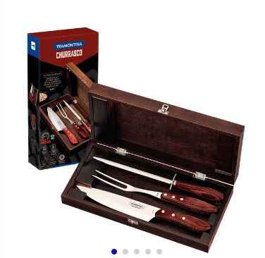 Kit para Asado Tramontina de Acero Inoxidable Mango Rojo Polywood con Estuche de Madera 4 Piezas