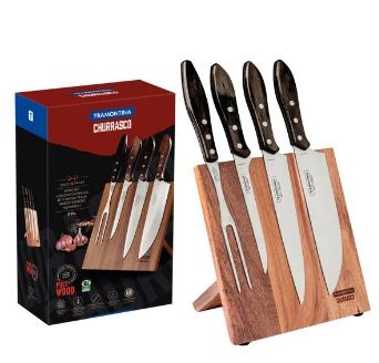 Juego para Asado Tramontina con Láminas de Acero Inoxidable y Mangos de Madera Polywood Castaño 5 Piezas